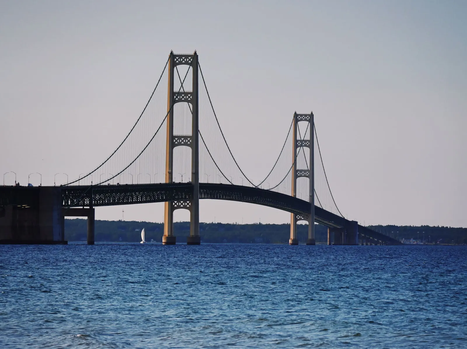 Mackinac Bridge over the Straits of Mackinac in Michigan with a sailboat below